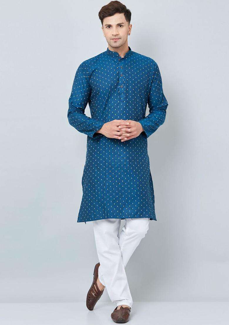 Blue Woven Design Cotton Kurta Set For Men - Indya