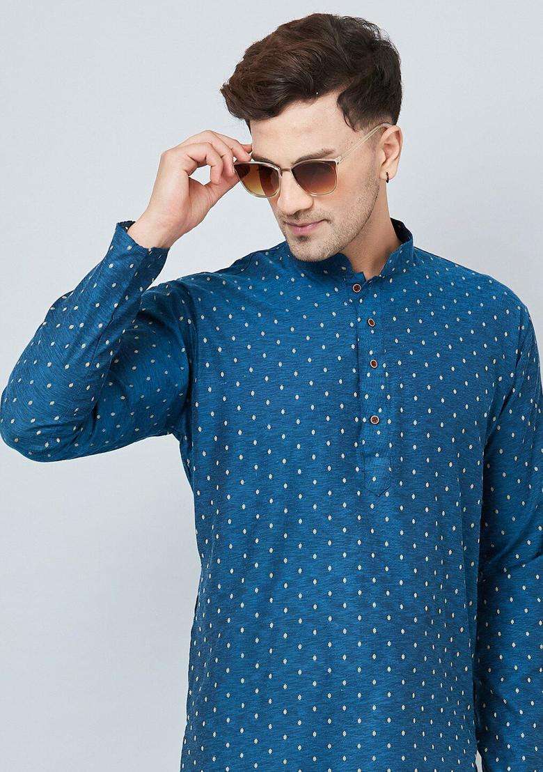 Blue Woven Design Cotton Kurta Set For Men - Indya