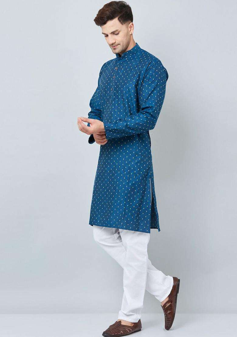 Blue Woven Design Cotton Kurta Set For Men - Indya