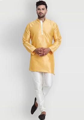 Gold Solid Silk Kurta Set For Men