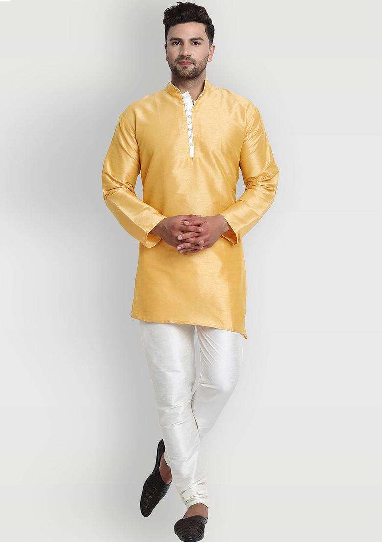 Gold Solid Silk Kurta Set For Men - Indya