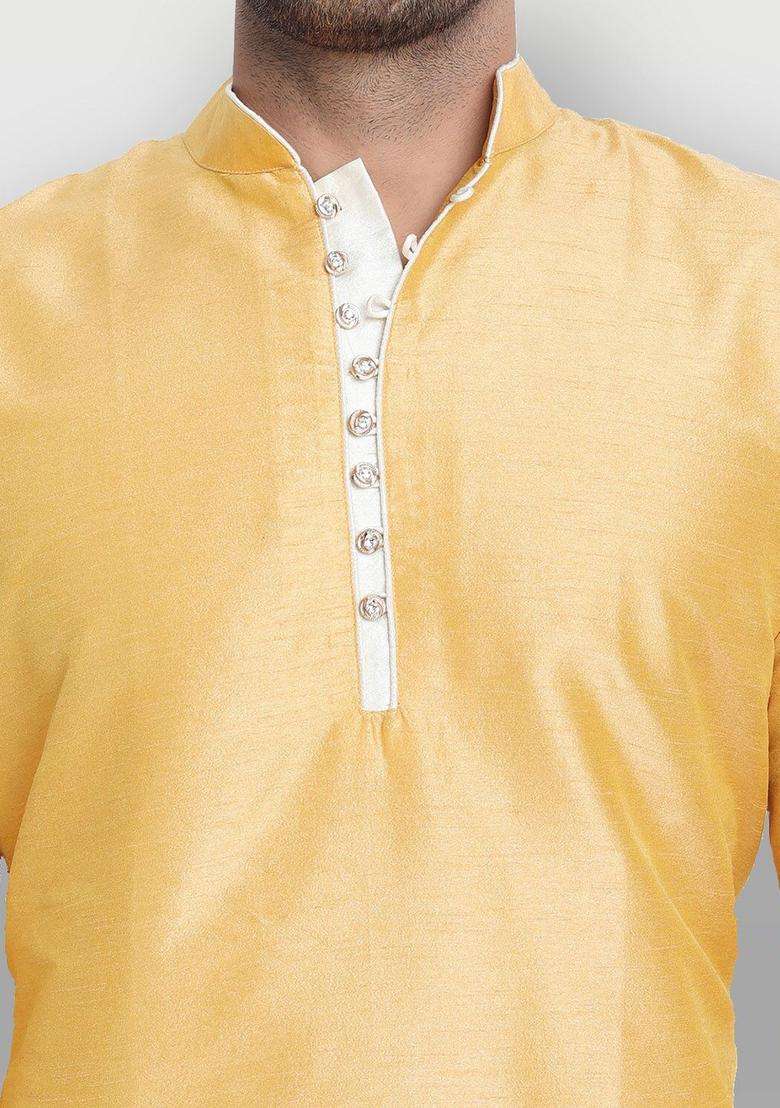 Gold Solid Silk Kurta Set For Men - Indya