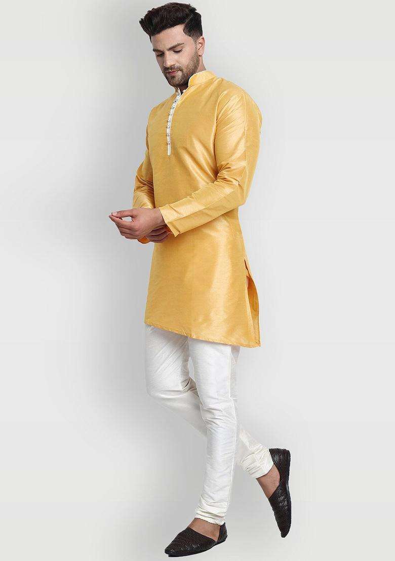 Gold Solid Silk Kurta Set For Men - Indya