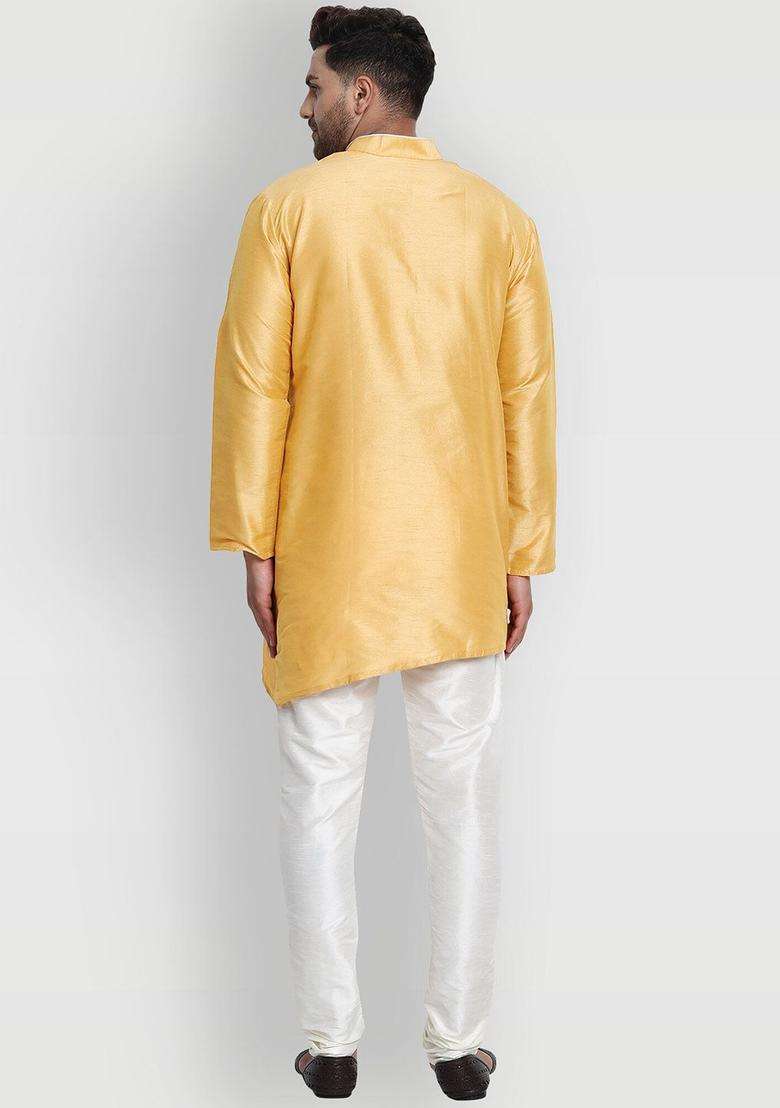 Gold Solid Silk Kurta Set For Men - Indya
