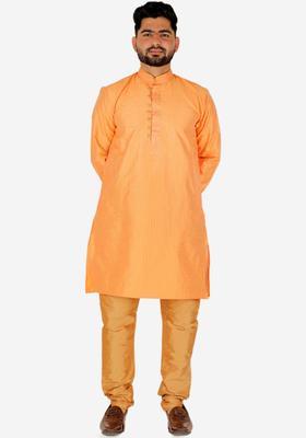 Orange Self Design Silk Blend Kurta Set For Men
