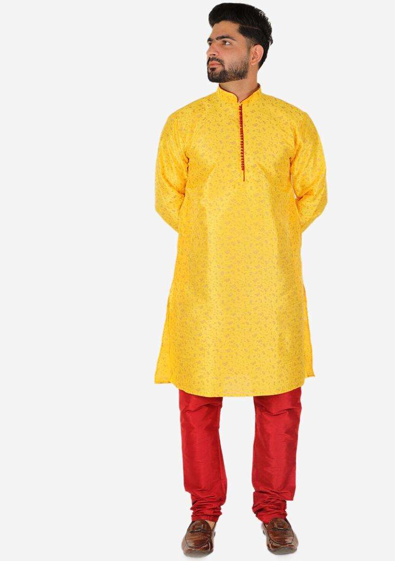 Yellow Printed Silk Blend Kurta Set For Men - Indya