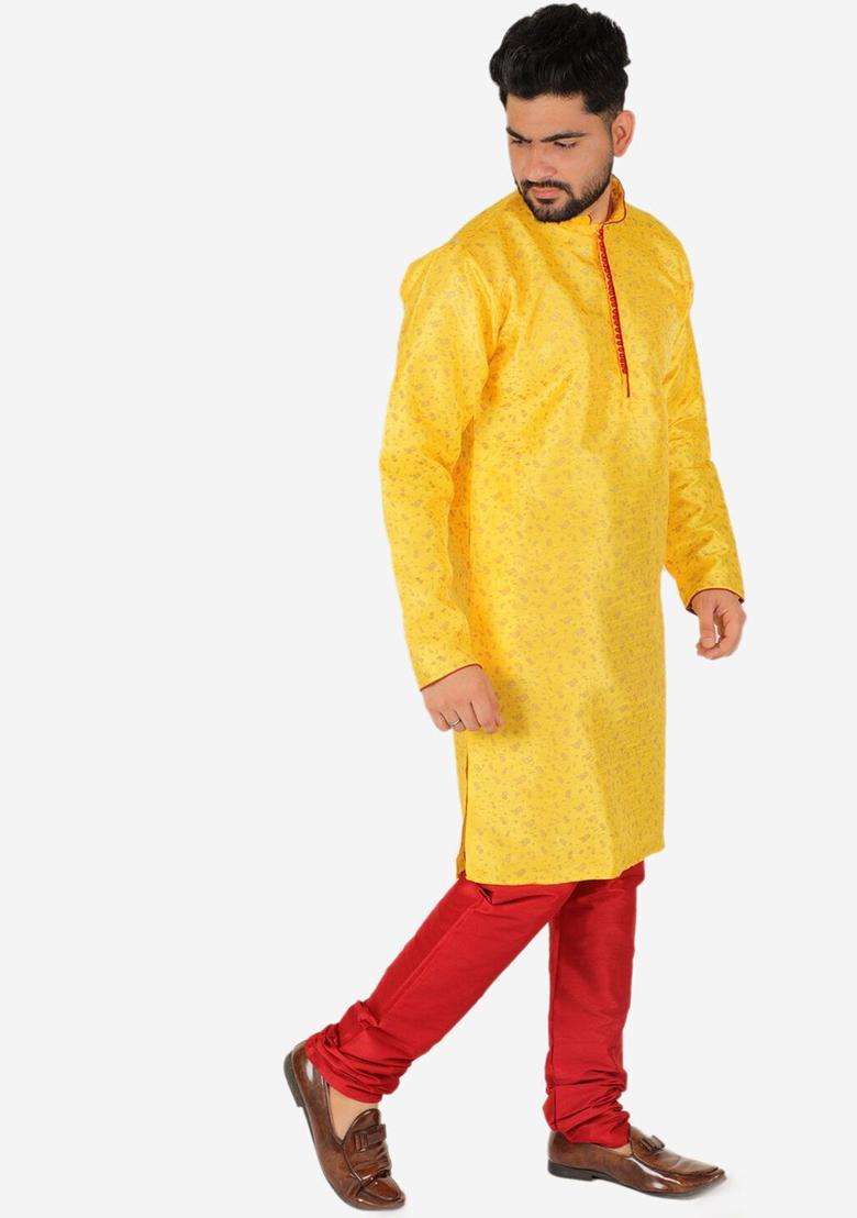 Yellow Printed Silk Blend Kurta Set For Men - Indya