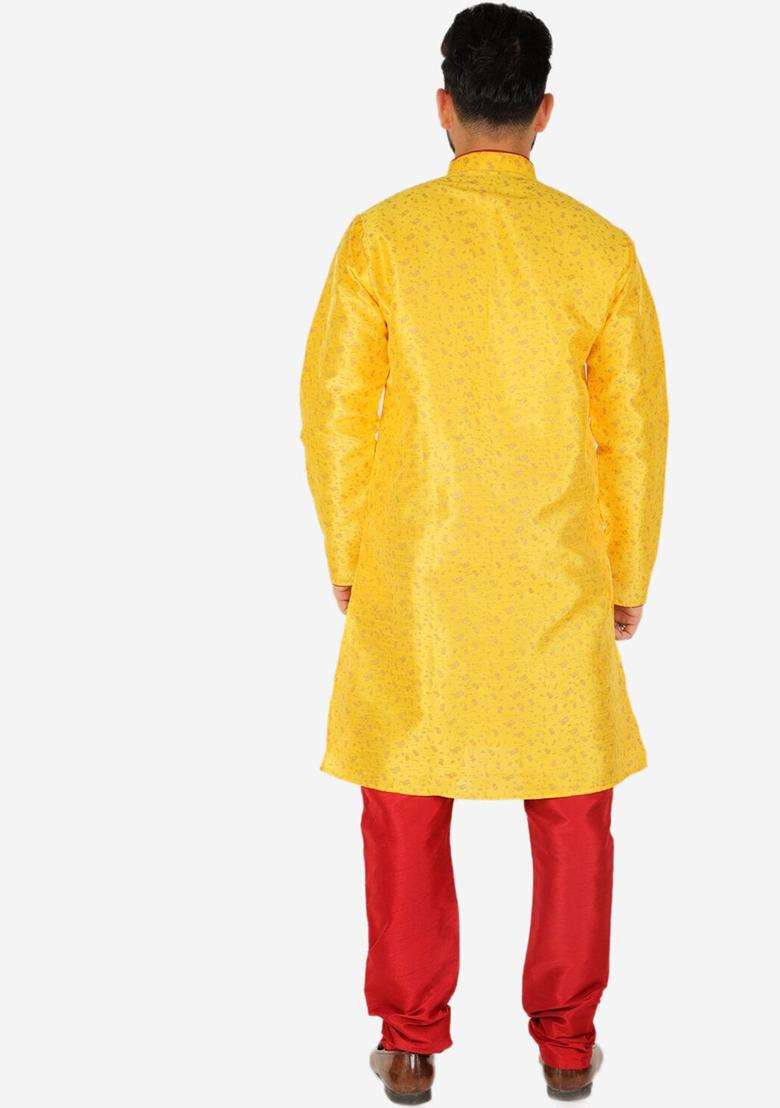 Yellow Printed Silk Blend Kurta Set For Men - Indya