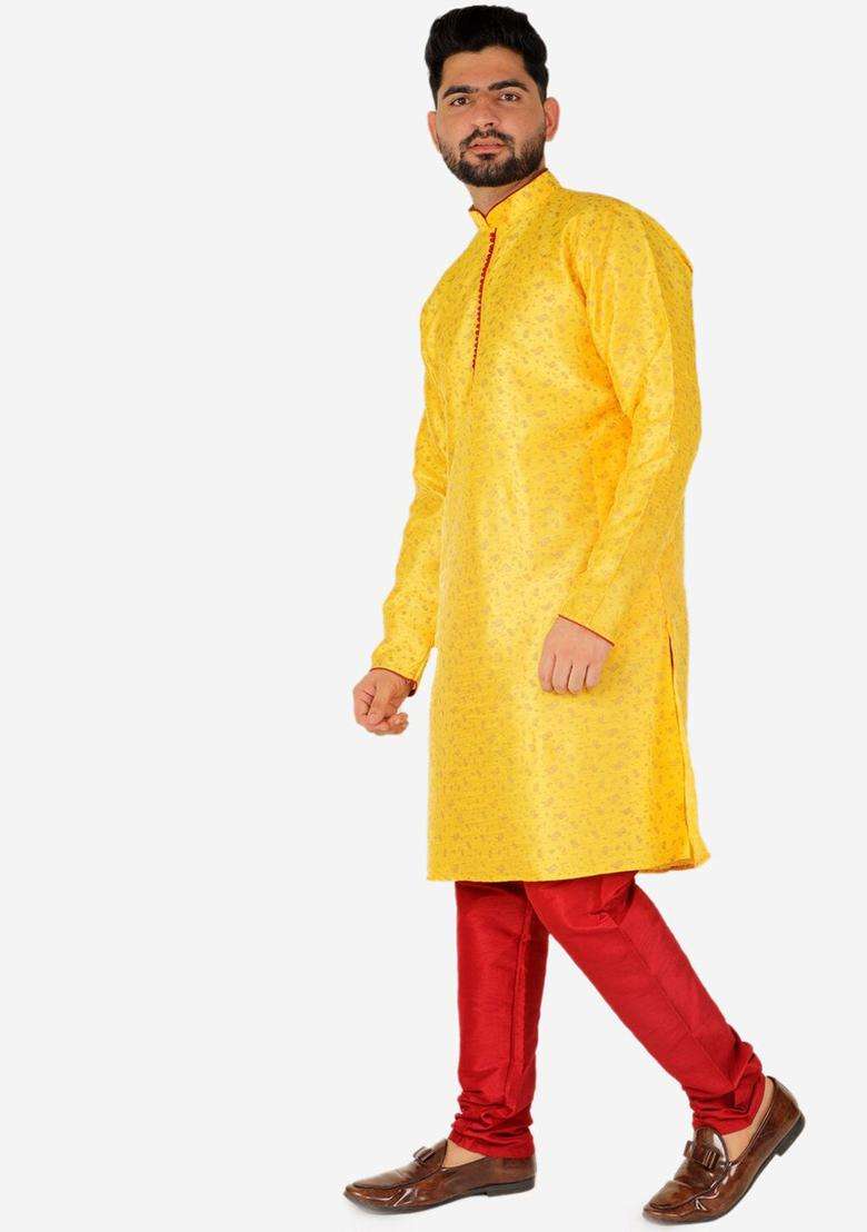 Yellow Printed Silk Blend Kurta Set For Men - Indya