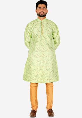 Green Self Design Silk Kurta Set For Men