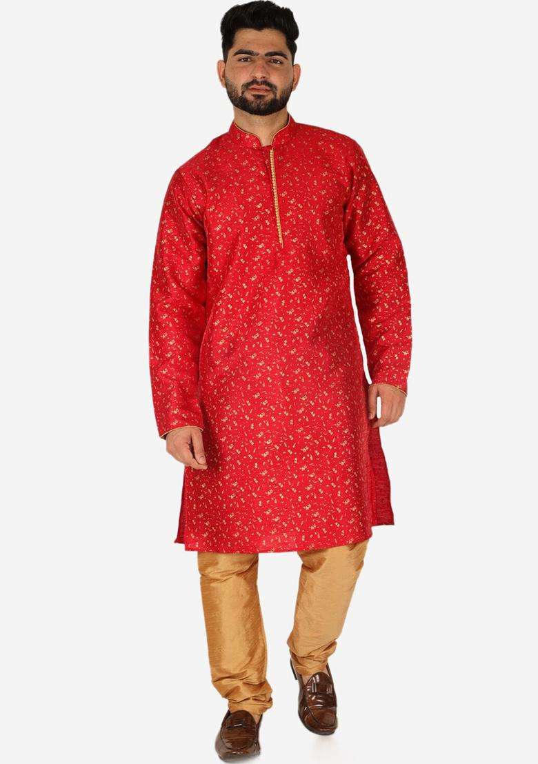 Maroon Printed Silk Blend Kurta Set For Men - Indya