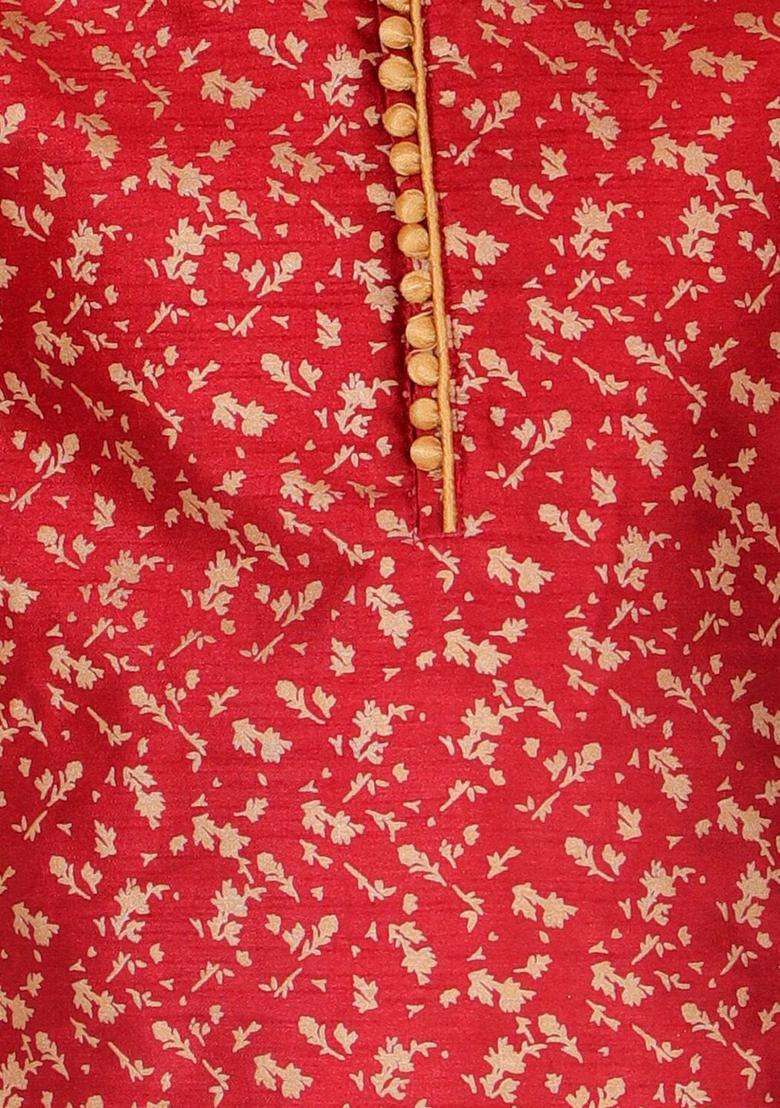 Maroon Printed Silk Blend Kurta Set For Men - Indya