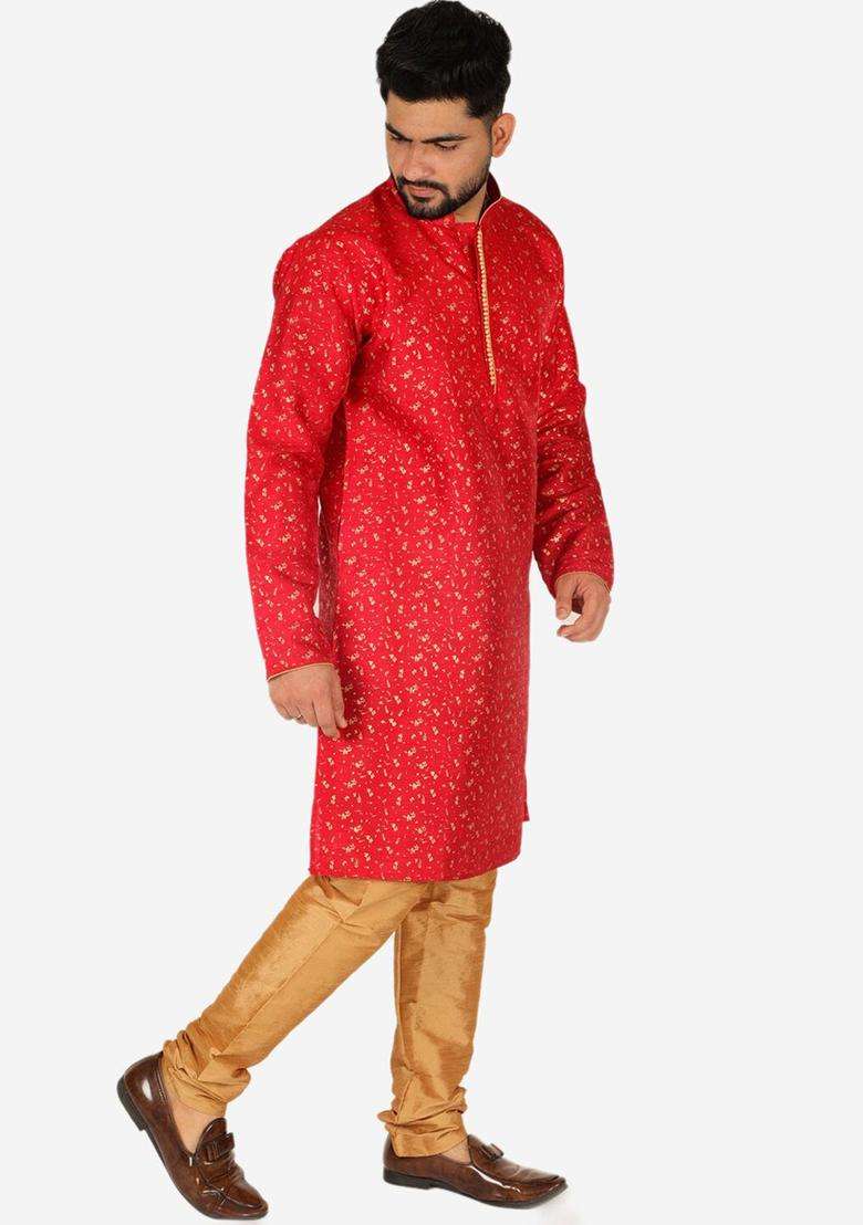Maroon Printed Silk Blend Kurta Set For Men - Indya