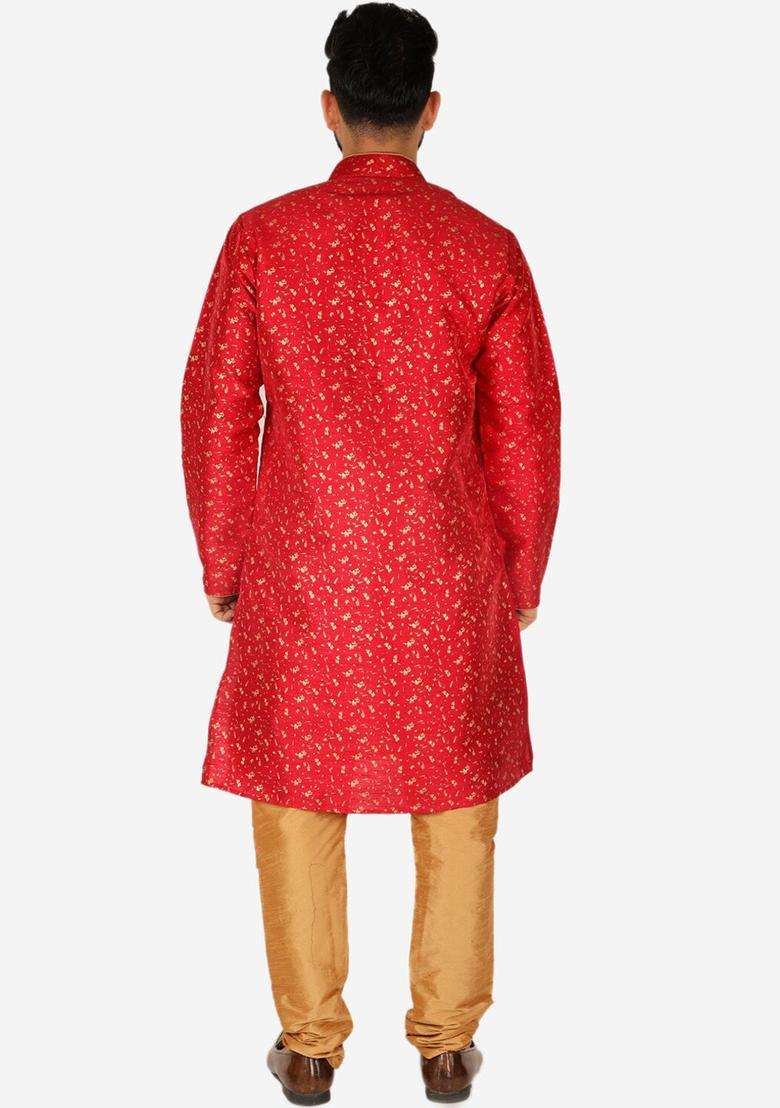 Maroon Printed Silk Blend Kurta Set For Men - Indya