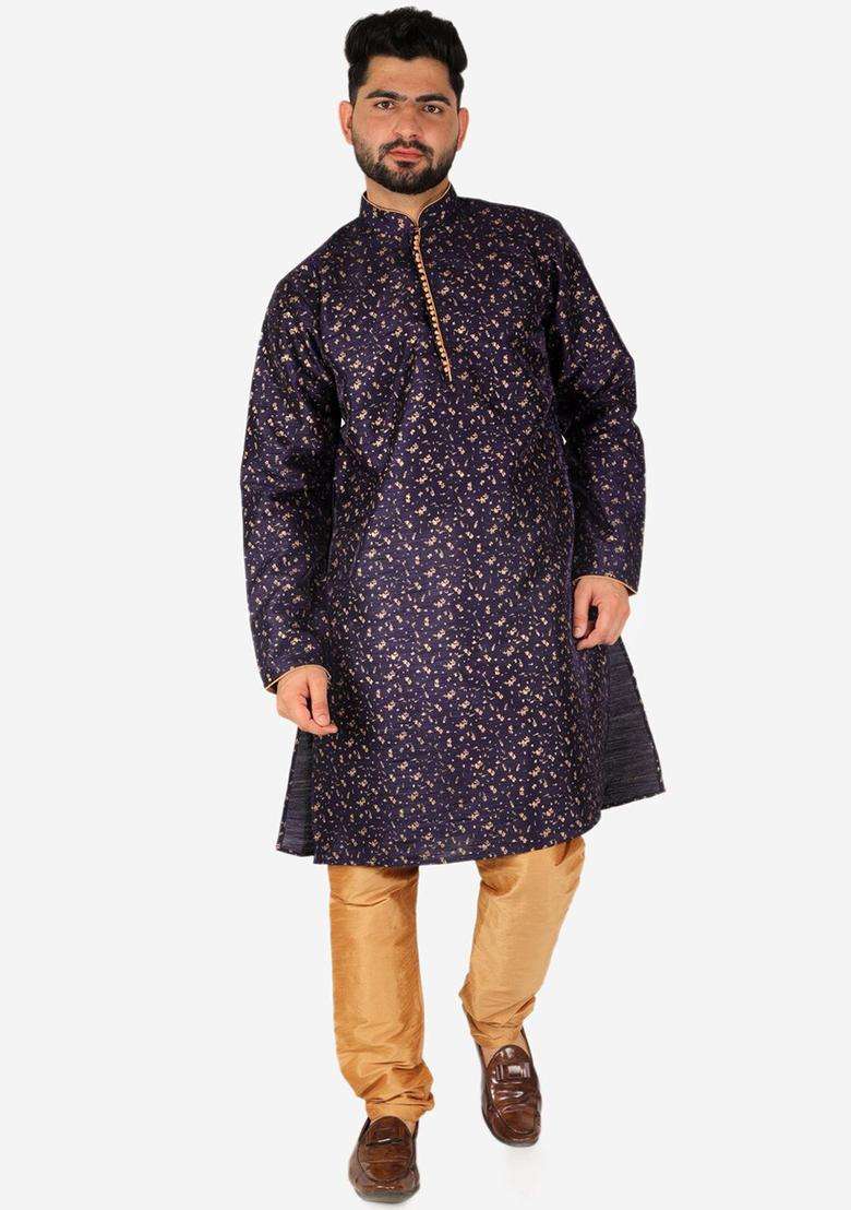 Navy Blue Woven Design Silk Blend Kurta Set For Men - Indya