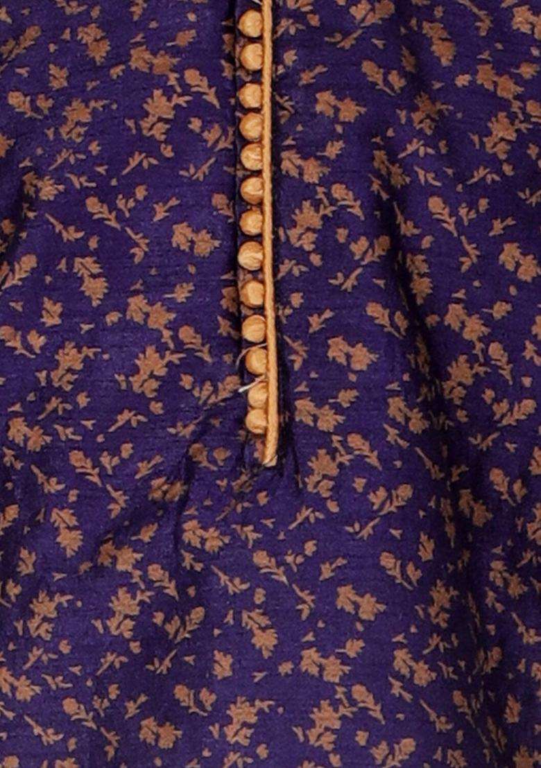 Navy Blue Woven Design Silk Blend Kurta Set For Men - Indya