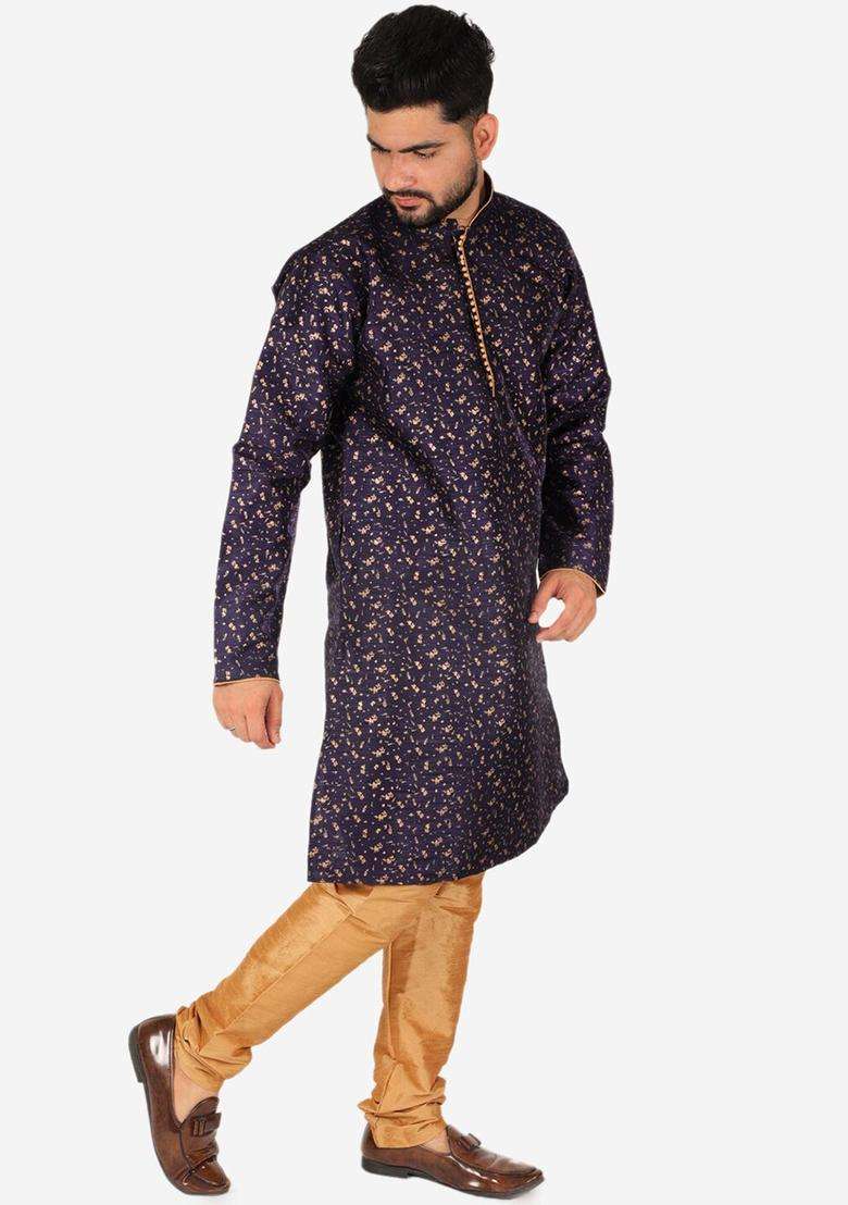 Navy Blue Woven Design Silk Blend Kurta Set For Men - Indya