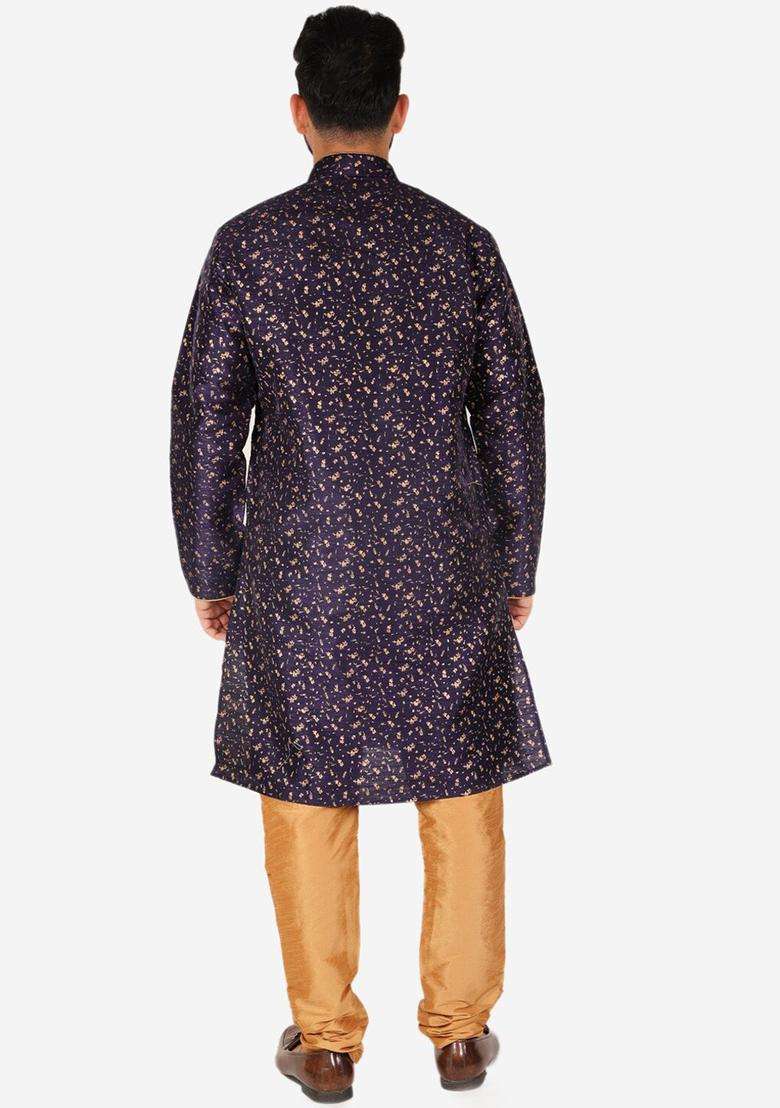 Navy Blue Woven Design Silk Blend Kurta Set For Men - Indya