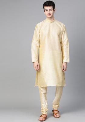 Beige Solid Silk Kurta Set For Men