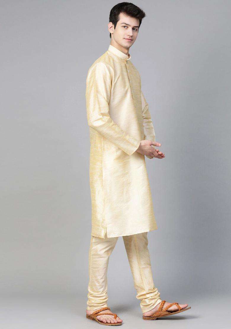 Beige Solid Silk Blend Kurta Set For Men - Indya