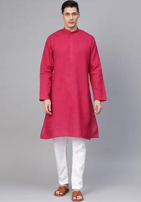 Pink Solid Cotton Kurta Set For Men