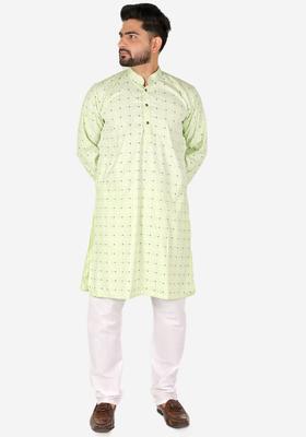 Green Printed Cotton Kurta Set For Men