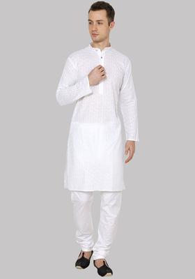 White Embroidered Cotton Kurta Set For Men