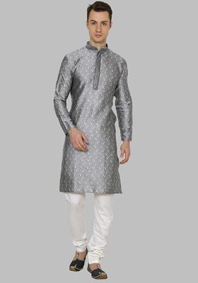 Grey Embroidered Silk Kurta Set For Men