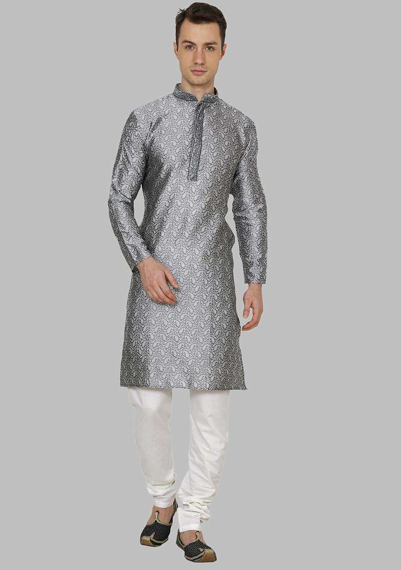 Grey Embroidered Silk Blend Kurta Set For Men - Indya