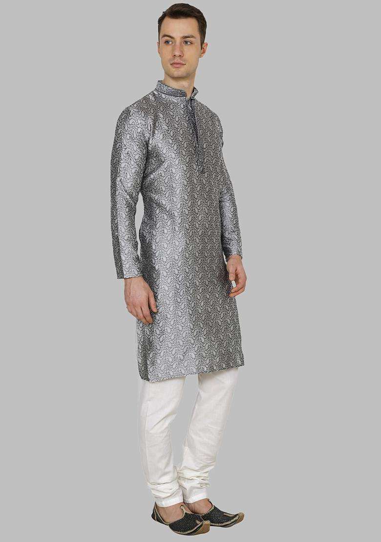 Grey Embroidered Silk Blend Kurta Set For Men - Indya