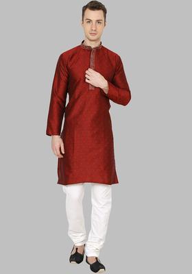 Maroon Printed Silk Kurta Set For Men