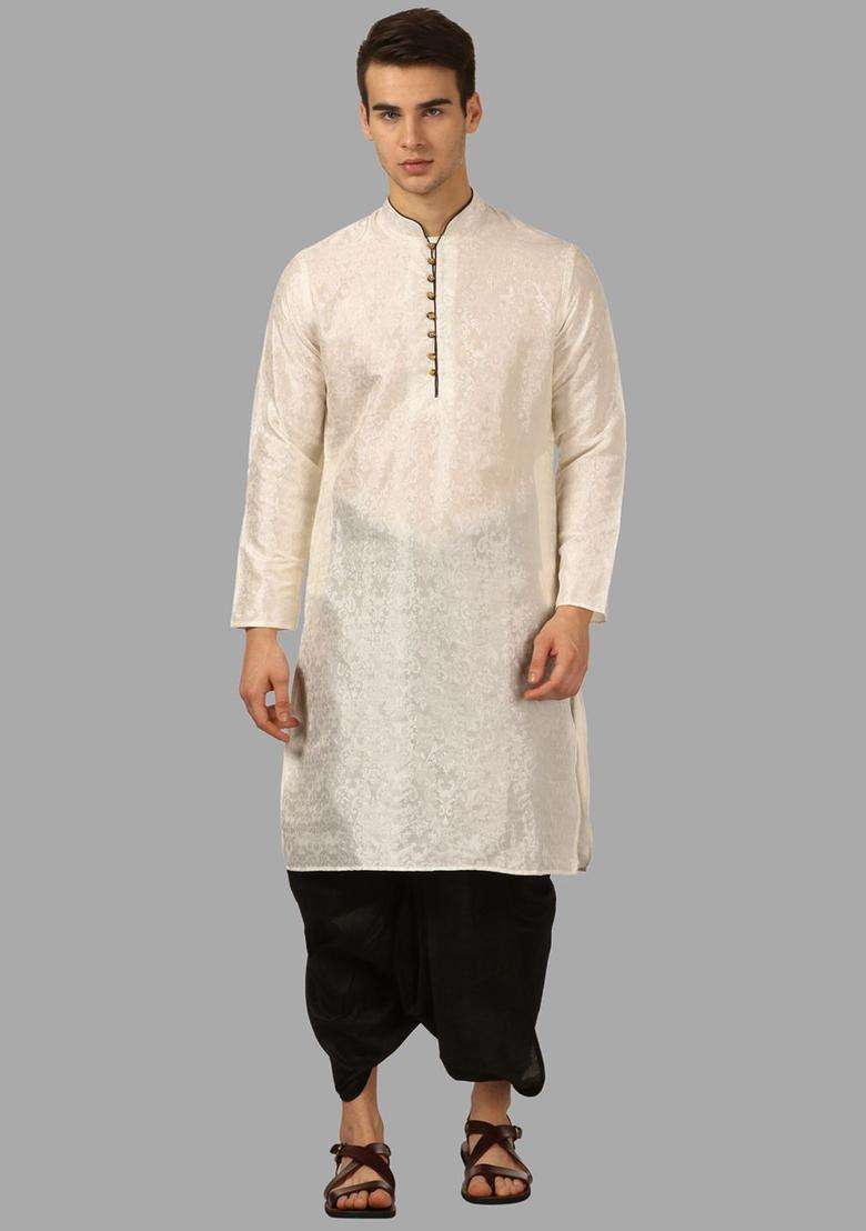 Beige Printed Silk Blend Kurta Set For Men - Indya