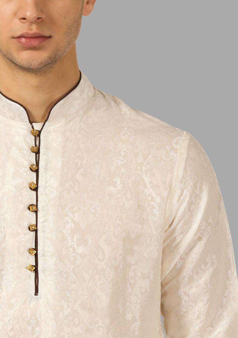 Beige Printed Silk Blend Kurta Set For Men - Indya
