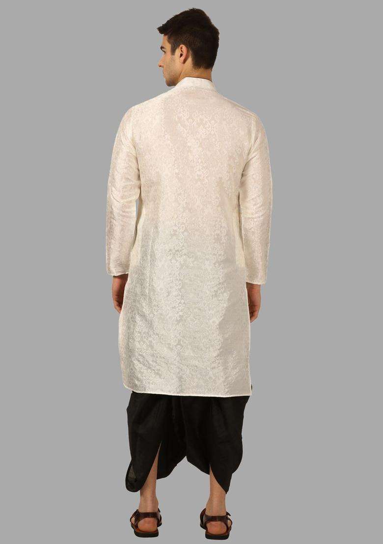 Beige Printed Silk Blend Kurta Set For Men - Indya