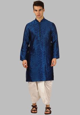 Blue Woven Design Silk Kurta Set For Men