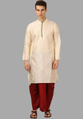 Beige Self Design Silk Kurta Set For Men