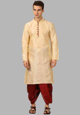 Gold Solid Silk Kurta Set For Men