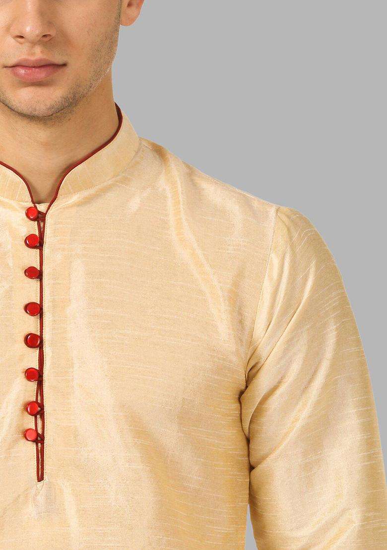 Gold Solid Silk Blend Kurta Set For Men - Indya