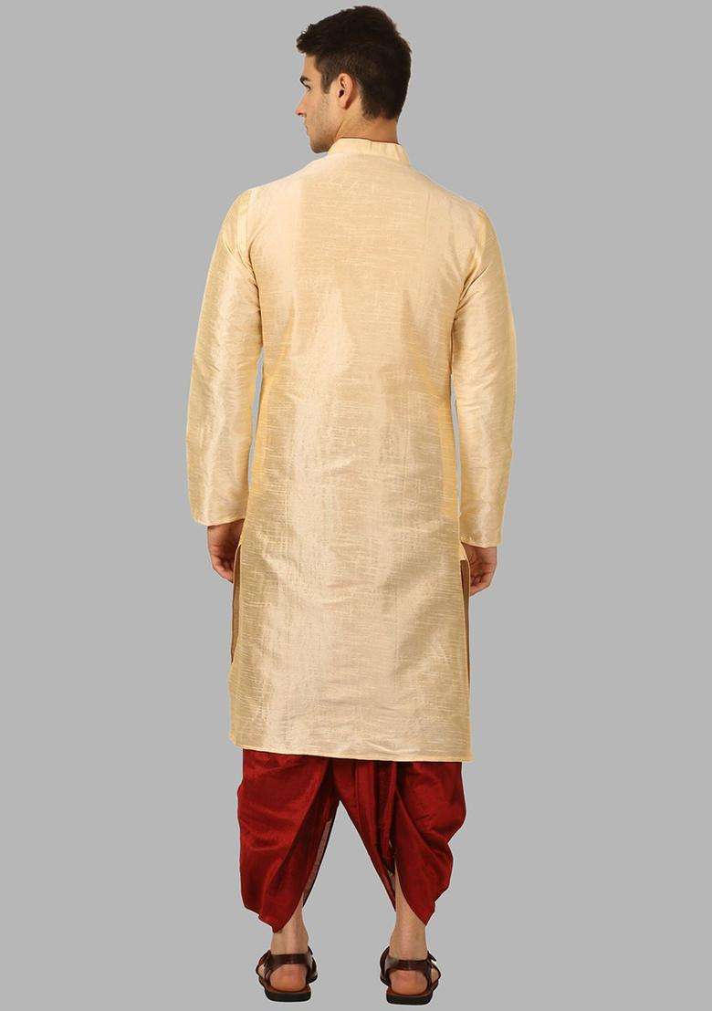 Gold Solid Silk Blend Kurta Set For Men - Indya