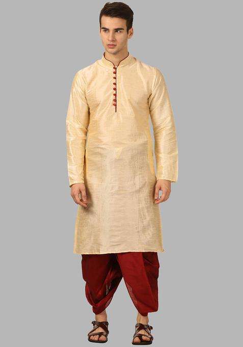 Gold Solid Silk Blend Kurta Set For Men