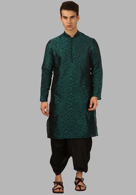 Green Woven Design Silk Kurta Set For Men