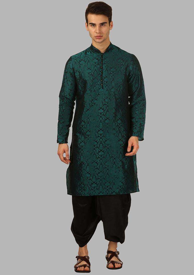 Green Woven Design Silk Blend Kurta Set For Men - Indya
