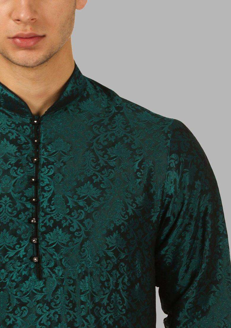 Green Woven Design Silk Blend Kurta Set For Men - Indya