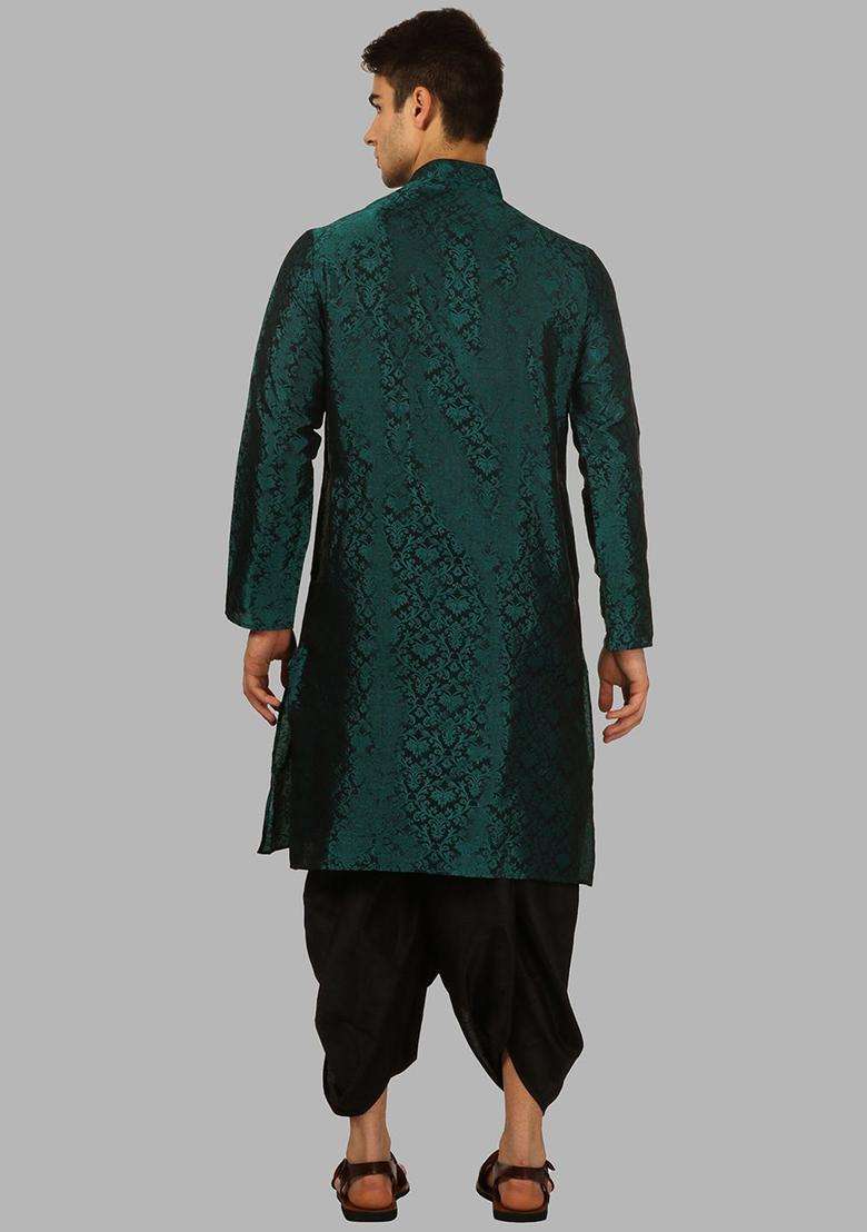 Green Woven Design Silk Blend Kurta Set For Men - Indya