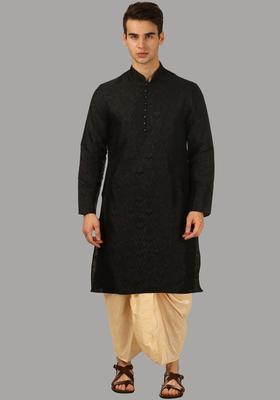 Black Woven Design Silk Kurta Set For Men
