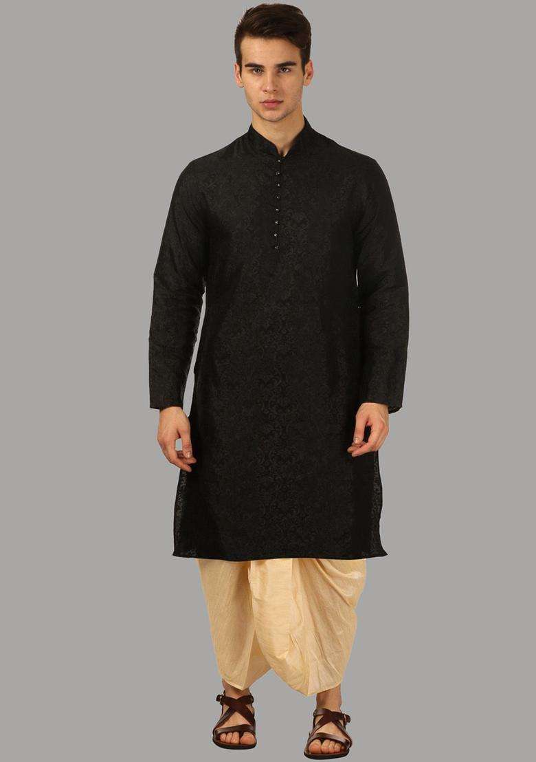 Black Woven Design Silk Blend Kurta Set For Men - Indya