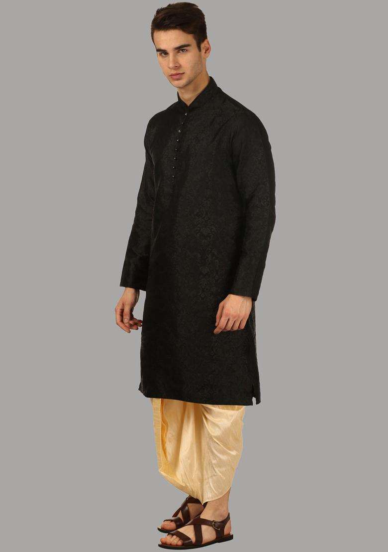 Black Woven Design Silk Blend Kurta Set For Men - Indya