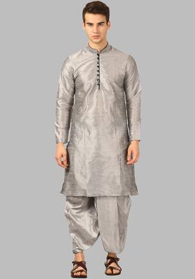 Silver Solid Silk Kurta Set For Men