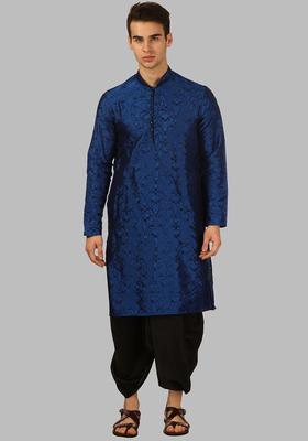 Blue Printed Silk Kurta Set For Men