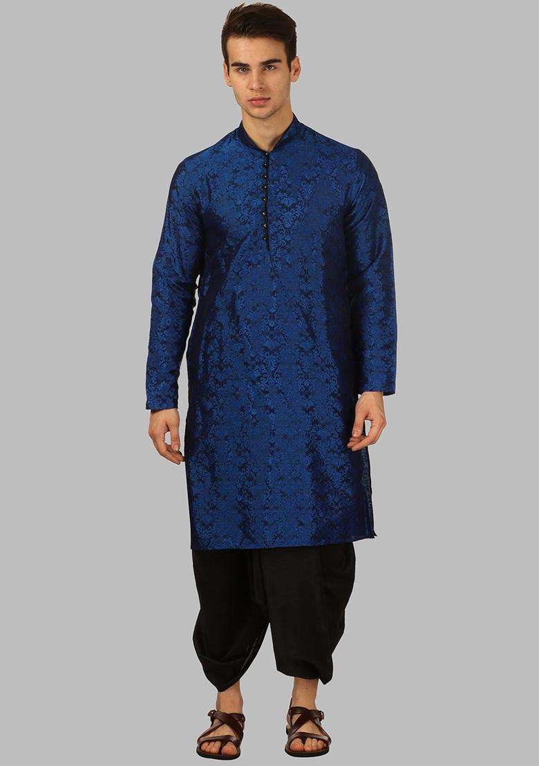 Blue Printed Silk Blend Kurta Set For Men - Indya